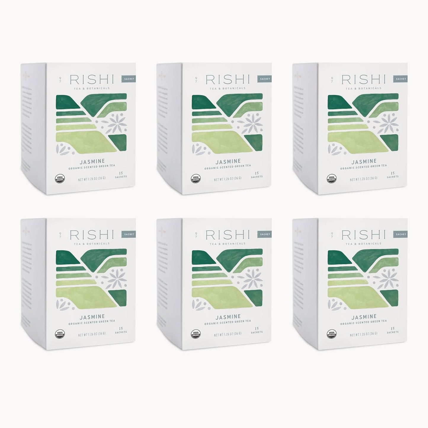Rishi Tea Jasmine Green Tea - Organic Sachet Tea Bags, Caffeinated Scented Chinese Green Tea with Floral Aroma & Taste - 15 Count (Pack of 6)