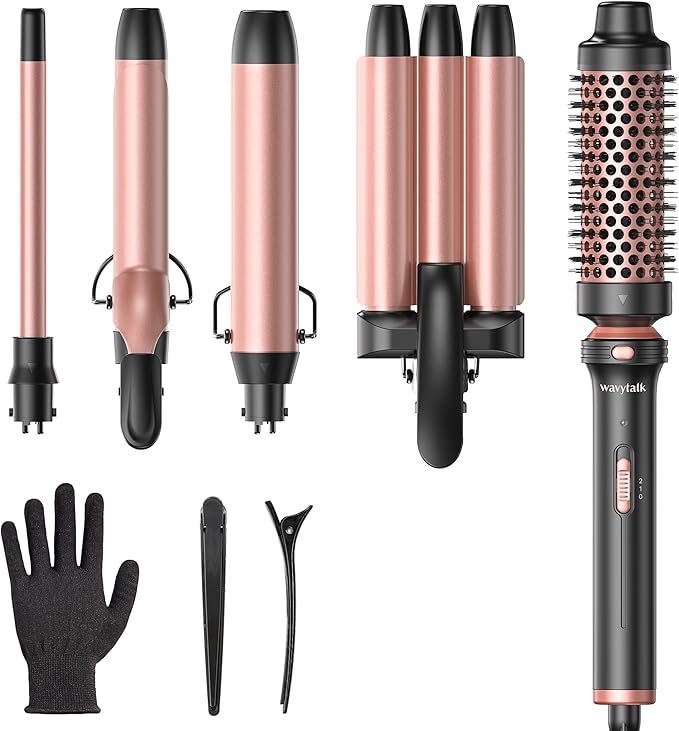 Wavytalk 5 in 1 Curling Wand Set, Dual Voltage Curling Iron Set with 5 Interchangeable Barrels Included A Thermal Brush, A Hair Crimper and 3 Ceramic Curling Wands(0.5"-1.25"), Rose Pink