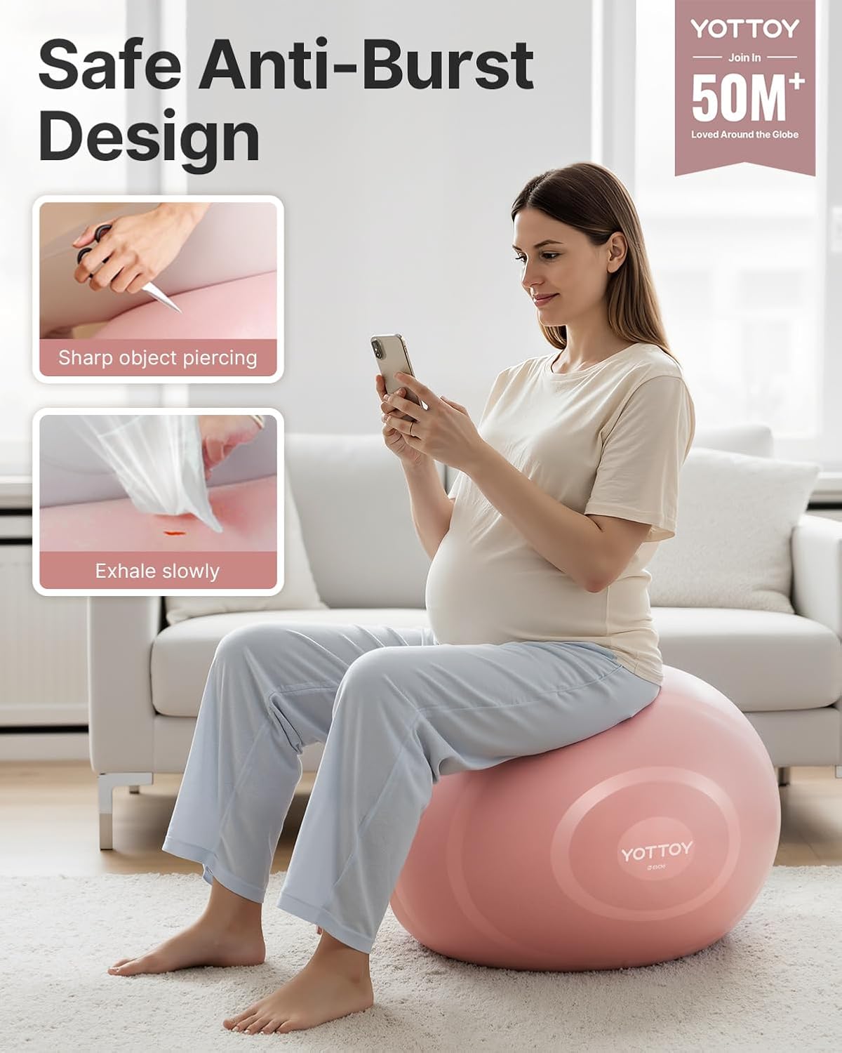 Anti-Burst Exercise Ball for Working Out, Yoga & Pregnancy, Extra Thick Workout Ball for Physical Therapy & Fitness (Pink)
