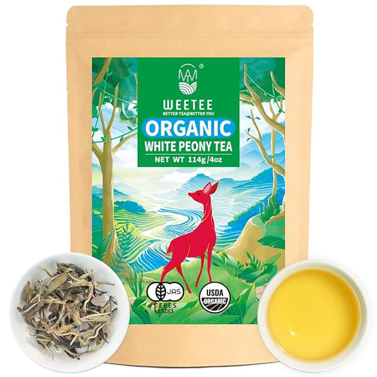 WT WEETEE Organic White Peony Tea, Organic Bai Mu Dan Loose Leaf 4oz/114g, Premium Chinese White Tea Whole Loose-Leaf, High Antioxidant & Low Caffeine