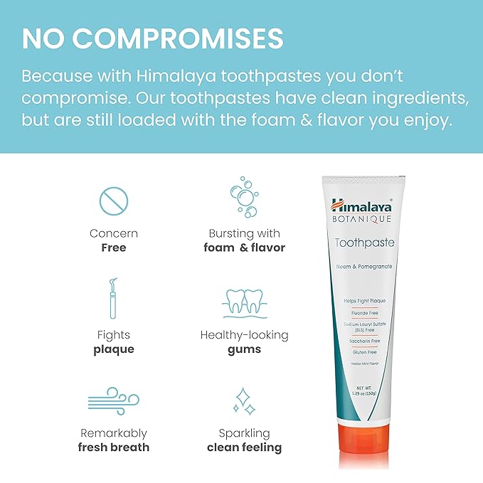Himalaya Botanique Neem & Pomegranate Toothpaste, Mint Flavor - Fluoride Free Toothpaste Fights Plaque & for Fresh Breath - Vegan, Gluten Free, No SLS, No Artificial Flavors or Colors, 5.29 oz