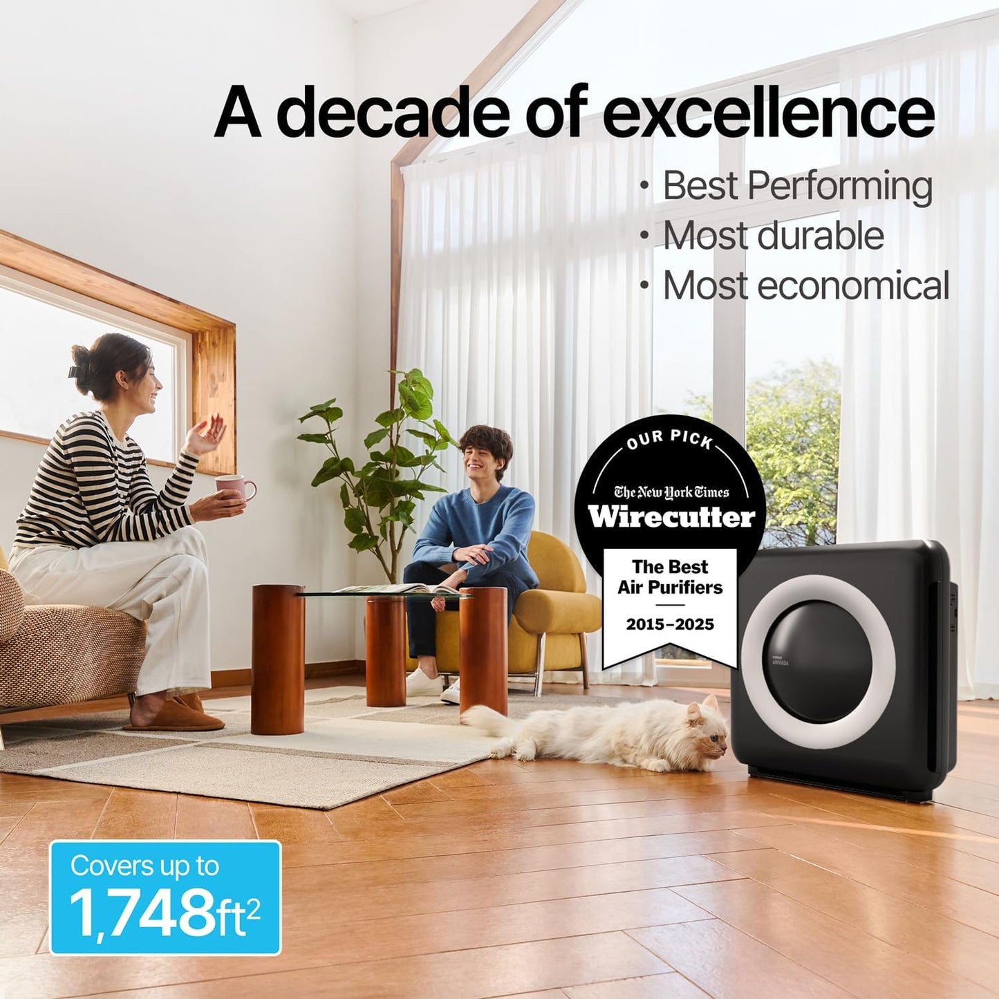 Coway Airmega AP-1512HH(W) True HEPA Purifier with Air Quality Monitoring, Auto, Timer, Filter Indicator, and Eco Mode, 16.8 x 18.3 x 9.7, White