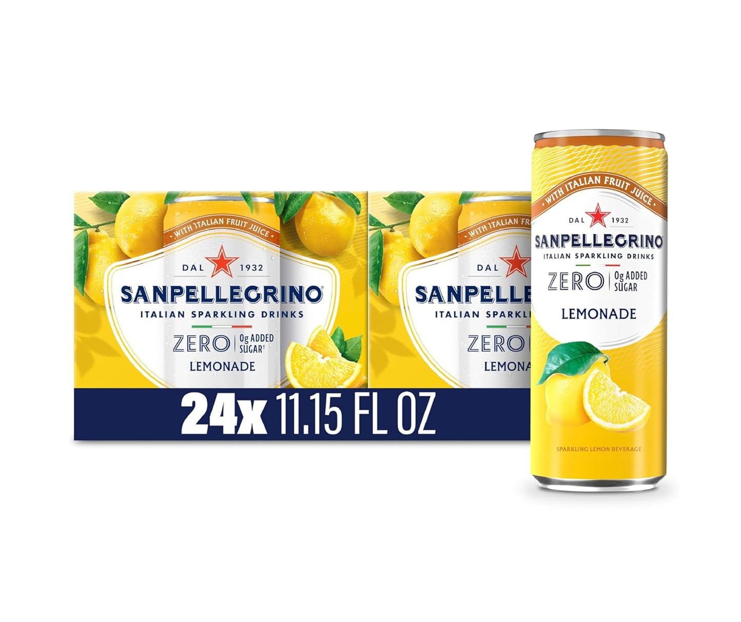 Sanpellegrino Zero Grams Added Sugar Lemonade Italian Sparkling Drink, 24-Pack Of 11.15 Fl Oz Cans, Sanpellegrino Italian Sparkling Drinks, Low-Calorie Sparkling Juice Beverages