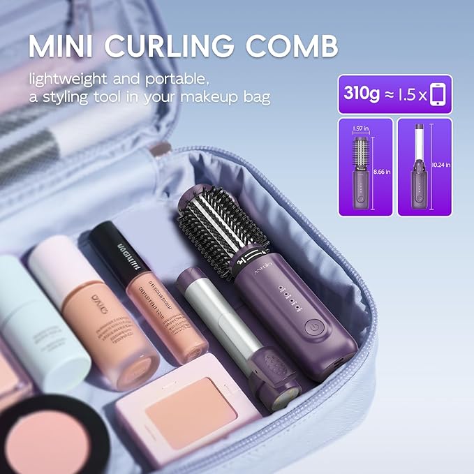 Cordless Curling Iron Brush, 2 in 1 Mini Travel Hot Straightener Comb with 200 Million Negative Ions, Dual Voltage & Lightweight for Travel, Anti-Tangle, 4 Temps, Purple