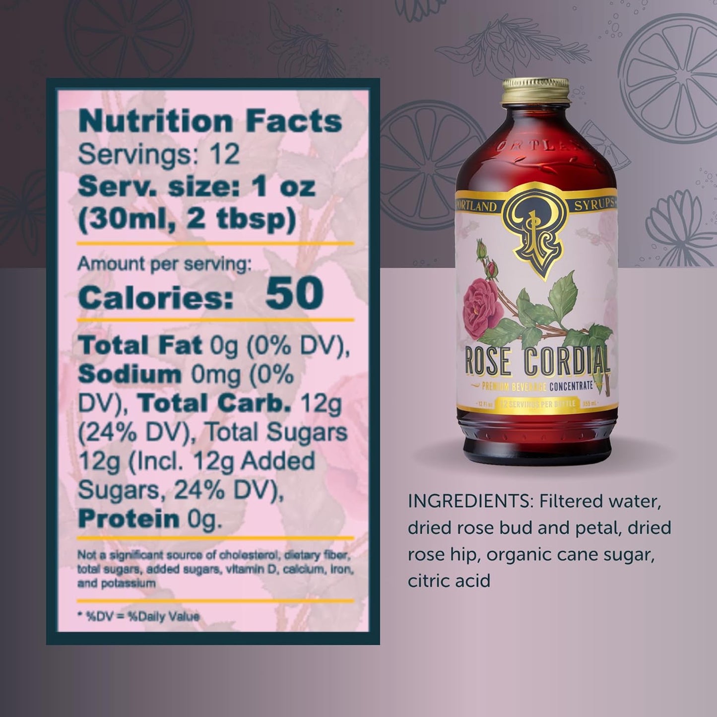 Portland Syrups Rose Cordial Syrup - Craft Exquisite Floral Beverages for Cocktails, Mocktails, Soda, and More - 12 oz with 24 Servings (Pack of 2)