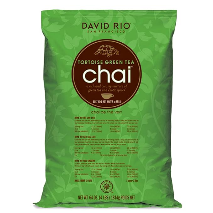 David Rio Tortoise Green Tea Chai Tea Latte Mix, 64 Oz, Green Tea, Organic Spices, Dairy Free, Serve Hot or Cold, Just Add Water or Milk, 52 Servings, Perfect for Food Service