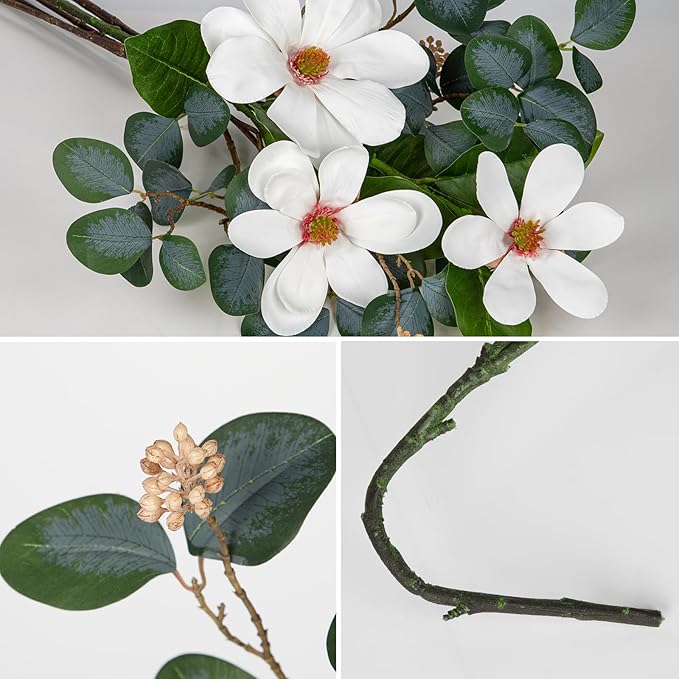 Briful Artificial Eucalyptus Stems 27in Faux Greenery Branches with Magnolia Flowers Spray Mixed Floral Greenery Bouquet for Home Vase Table Centerpiece Wedding Decoration