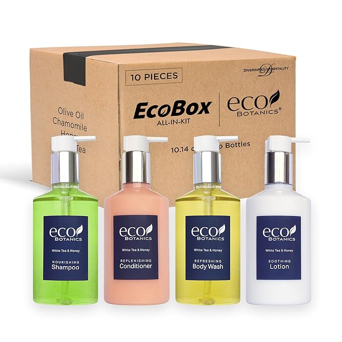 1-Shoppe Eco Botanics 10 Piece Ecobox All-In-Kit | White Tea and Honey Soap | 3 Shampoo, 2 Conditioner, 3 Body Wash & 2 Lotion | 10.14oz Hotel Soaps and Toiletries Bulk | Personal Care Products