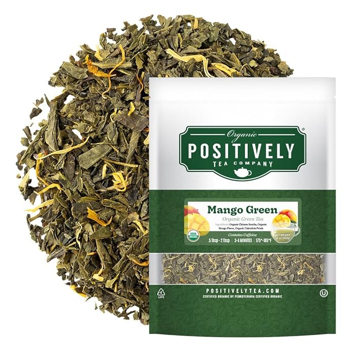 Organic Positively Tea Company, Mango Green, Green Tea, Loose Leaf, 16 Ounce