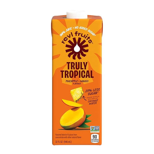 Revl Fruits 100% Juice, No Added Sugar, Pineapple Mango, Truly Tropical, 32 fl oz. Carton