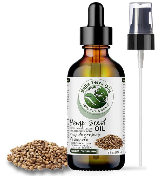 Bella Terra Oils - Hemp Seed Oil 4 oz - Cold-Pressed & Nutrient-Rich, Infused with Phytosterols, Potassium & Calcium for Skin & Hair Care