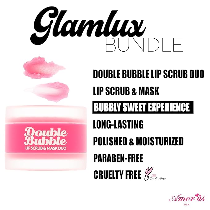 Beauty Bundle Lip Care AmorUs Double Bubble Lip Mask & Scrub Duo For Dry/Chapped/Cracked Lips Lip Exfoliant Promotes Healing & Collagen Lip Mask