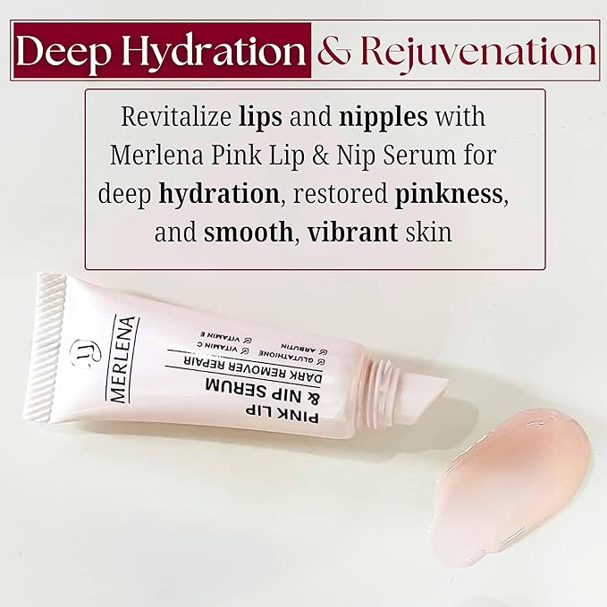 Merlena Pink Lip & Nip Serum - Hydrates and Repairs Dry, Peeling Lips and Nipples, Adds Collagen for Plumpness, Soothes Flaky Skin, Organic Vitamin C & E Formula 8ml