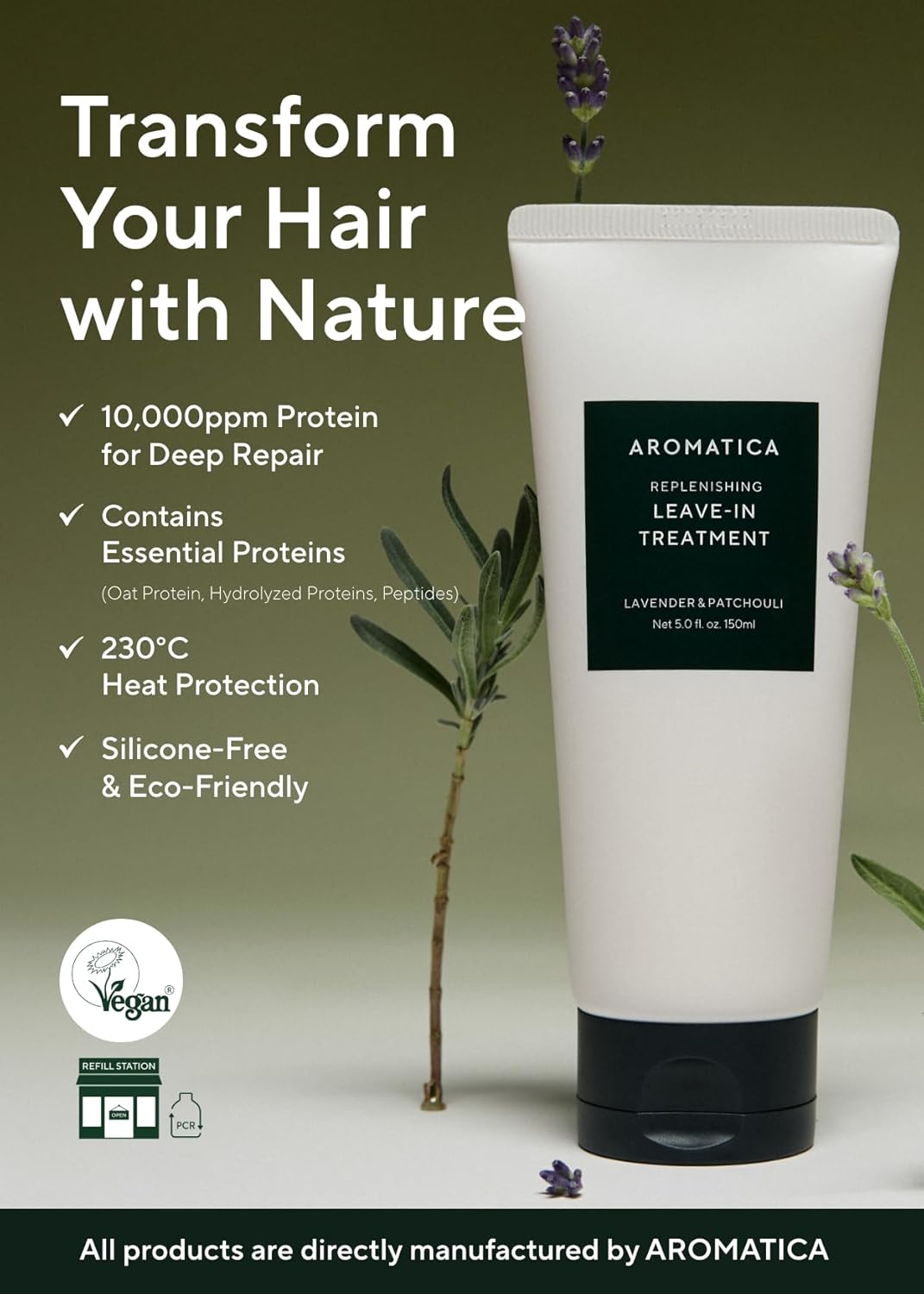 AROMATICA Replenishing Leave-in Conditioner Lavender & Patchouli, Perfect for Blow Out & Heat Protection & Damaged hair - Silicone-Free, No-Wash Hair Treatment (5.0fl oz)