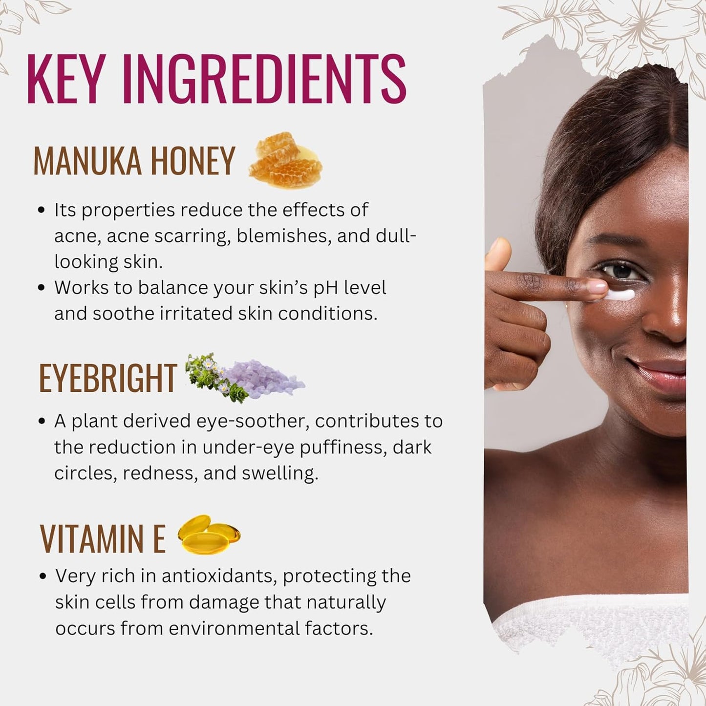 Manuka Lane Natural Eye Cream Moisturizer with Manuka Honey, Eyebright, Vitamin E, and Lanolin – Nature’s Most Powerful Defense Against Dark Circles Under-Eye Bags, Dark Circles and Puffiness