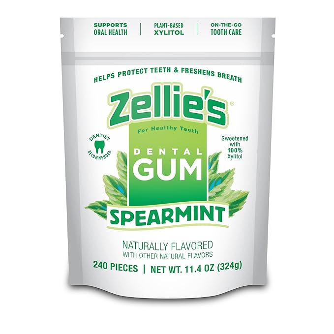 Zellie's | 100% Xylitol Spearmint Chewing Gum | No Aspartame, Gluten Free, Vegan & Kosher (240 Count - Pack of 1)