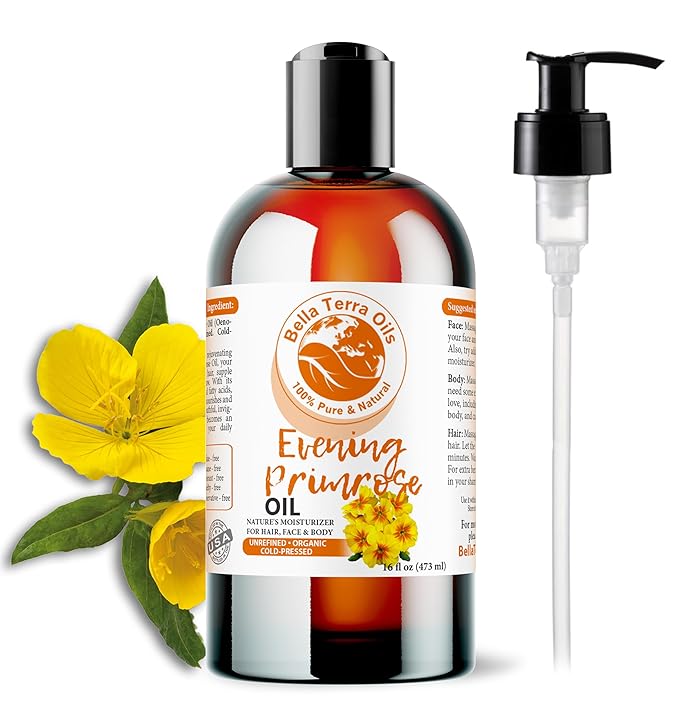Bella Terra Oils - Organic Evening Primrose Oil 16oz - Discover the Cold-Pressed Excellence of Primrose, Loaded with Essential Nutrients & Omega-6, Distinct Elixir for Luminous Skin
