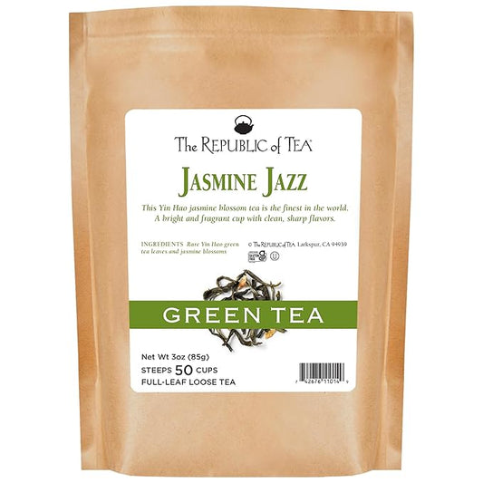 The Republic of Tea Jasmine Jazz Green Full-Leaf Loose Tea | 3.0 Ounce Refill Bag | Steeps 50 Cups