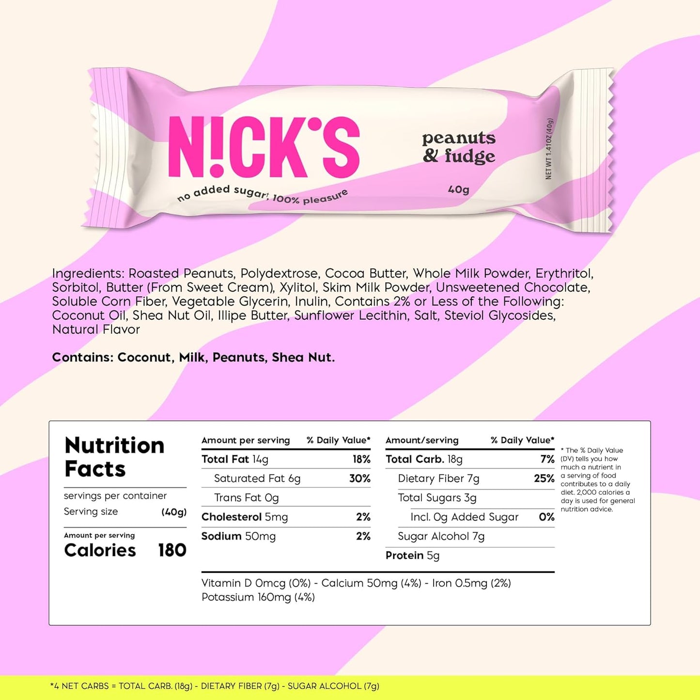 NICKS Peanuts n fudge Keto Chocolate Candy Bars No Added Sugar 180 Calories, 3.0 Net carbs, Gluten Free Sweets Low carb Candy Snack Bar (Multipack 15x40g)