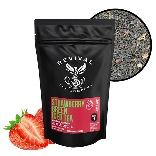Revival Tea Company Strawberry Green Iced Tea - 1 Gallon Sachets - Green Tea Blend with Natural Strawberry Flavor - 15 Count