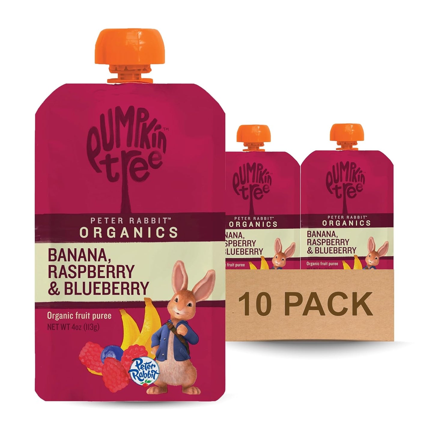 Pumpkin Tree Peter Rabbit Organics, Organic Raspberry, Banana and Blueberry 100% Pure Fruit Snack, 4 oz. Squeeze Pouches (Pack of 10)