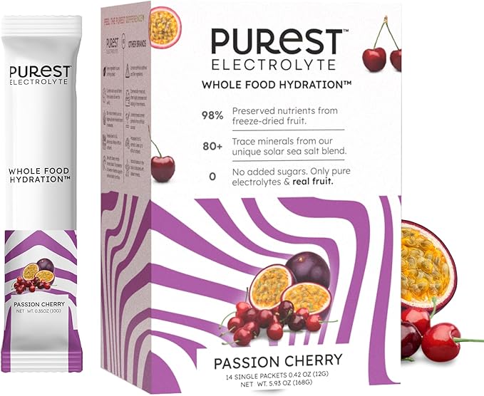 Purest Electrolyte Passion Cherry Powder Packets – Whole Food Hydration - Organic Freeze-Dried Fruits and Solar Sea Salts for Ultimate Electrolyte Balance