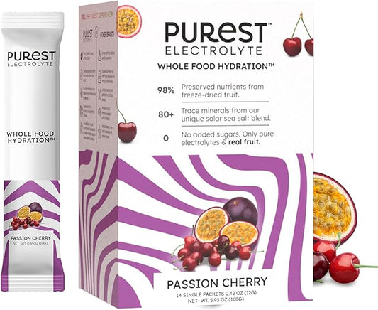Purest Electrolyte Passion Cherry Powder Packets – Whole Food Hydration - Organic Freeze-Dried Fruits and Solar Sea Salts for Ultimate Electrolyte Balance
