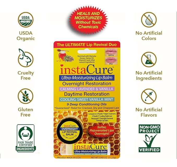 InstaCure's Original Nose Balm Fast Relief for Cracked, Dry & Sore Noses! Ultra-Moisturizing Lip Repair Duo. Calming Lavender & Vanilla Overnight Lip Mask + Cooling Sweet Vanilla Mint Daytime Lip Balm