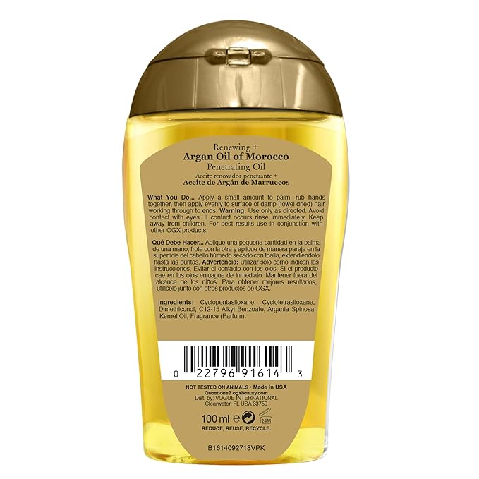 OGX Renewing + Argan Oil of Morocco, Cold-Pressed Argan Oil for Hair Penetrating Treatment & Shine, Moisturizing & Strengthening Silky Oil for All Hair Types, Paraben & Sulfate Free, 3.3 fl oz
