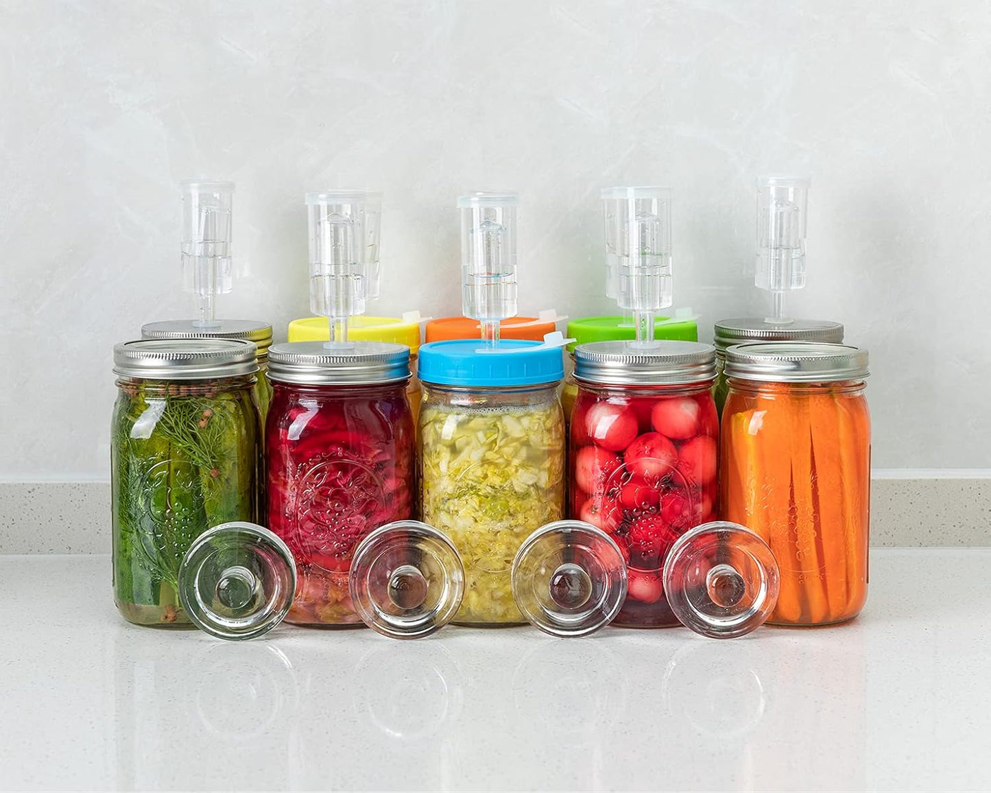 JILLMO Fermentation Kit for Wide Mouth Mason Jars – 4 Pack Fermentation Lids with Airlocks and Glass Weights, Easy Fermenting Set (Jars Not Included)