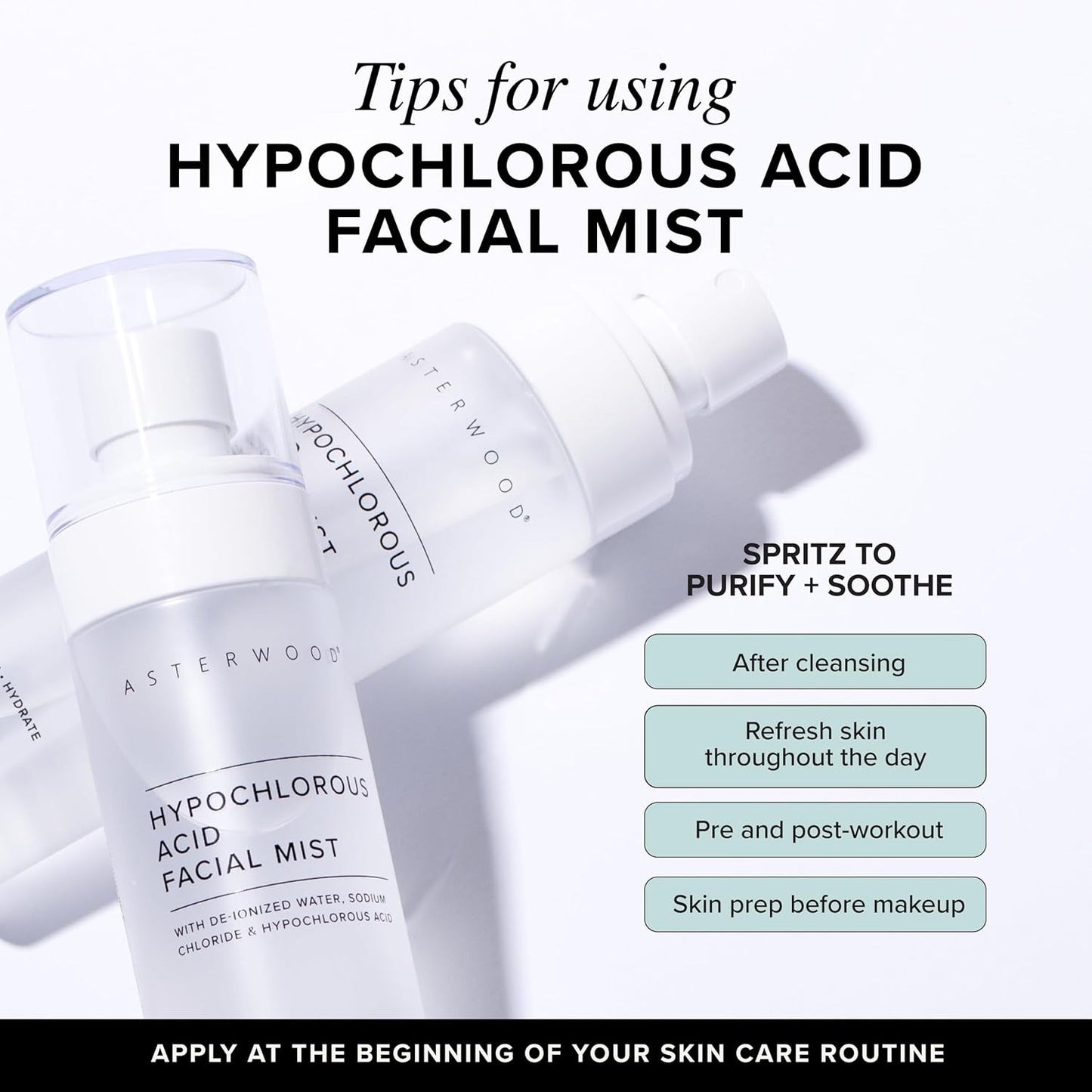 Asterwood Hypochlorous Acid Spray for Face - Targets Acne, Redness, Irritation - Multi-Purpose Skin Repair - Antibacterial, Antimicrobial - After Gym/Post-Workout Facial Mist - 4 Fl Oz