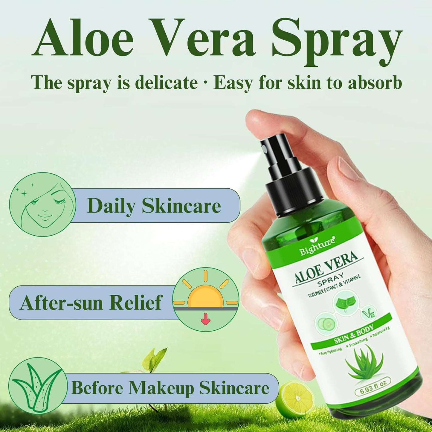Aloe Vera Spray from Freshly Cut Pure Aloe, Aloe Vera Spray for Skin& Hair, Aloe Vera Spray for Sunburn Relief, 6.93oz, Absorbs Rapidly, Infused with Cucumber Essence