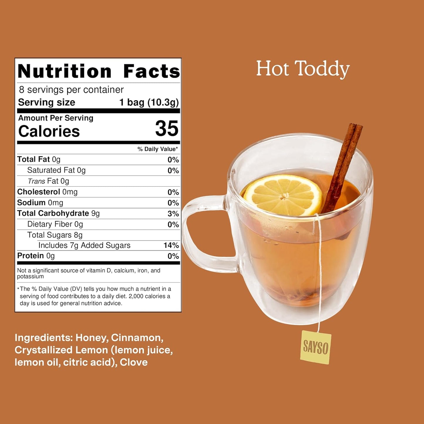 SAYSO Hot Toddy Cocktail Tea Bags - Infuses with Cold Water, Premium Craft with Honey, Cinnamon, Crystallized Lemon & Clove | Organic, Certified Gluten-free, Non-GMO| 35 calories, 8g sugar - 8 count