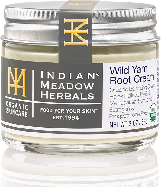 Indian Meadow Herbals Wild Yam Root Cream (2oz) - USDA Certified Organic Balancing Cream for PMS & Menopause Relief - Estrogen & Progesterone-Free. Handmade By US. Woman-owned & Operated Since 1994.