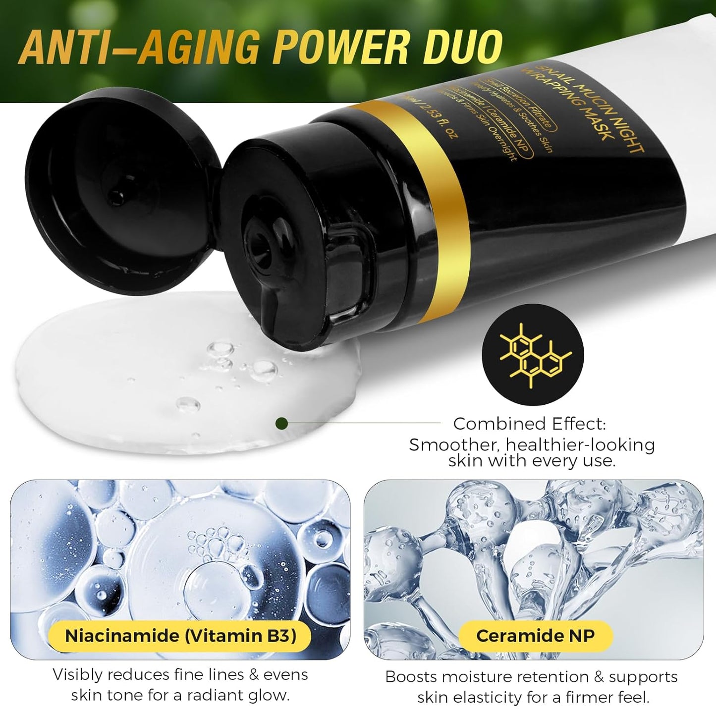 9000PPM Snail Mucin Overnight Wrapping Peel Off Mask for Intensive Hydrating, Skin Barrier Repairing, Reducing Sagging/Wrinkles/Fine Lines, 2.53 Oz/75 ML