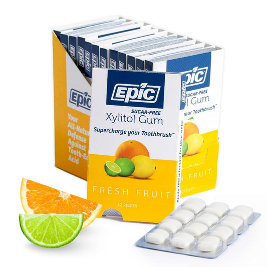 Epic 100% Xylitol Fresh Fruit Chewing Gum - Sugar Free, Aspartame Free Dental Gum - Supports Oral Health & Fresh Breath - 12 Pieces (Pack of 12)
