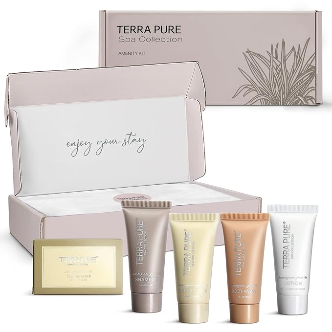Terra Pure Spa Collection Amenity Kit | Hotel Toiletries | Bulk Set 0.85 oz Travel Size Shampoo,Conditioner, Lotion, Body Wash & Massage Bar for Guest Hospitality AirBnB/Vacation Rentals |1 set/ case