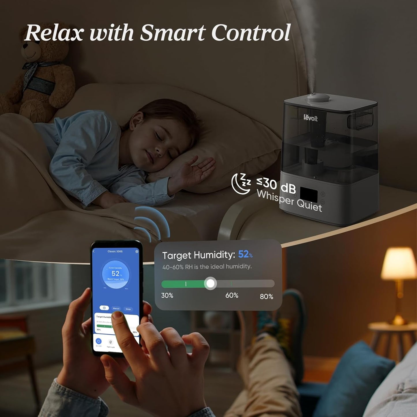 LEVOIT Humidifiers for Bedroom Large Room Home, (6L) Cool Mist Top Fill Essential Oil Diffuser for Baby & Plants, Smart App & Voice Control, Rapid Humidification & Auto Mode - Quiet Sleep Mode, Gray