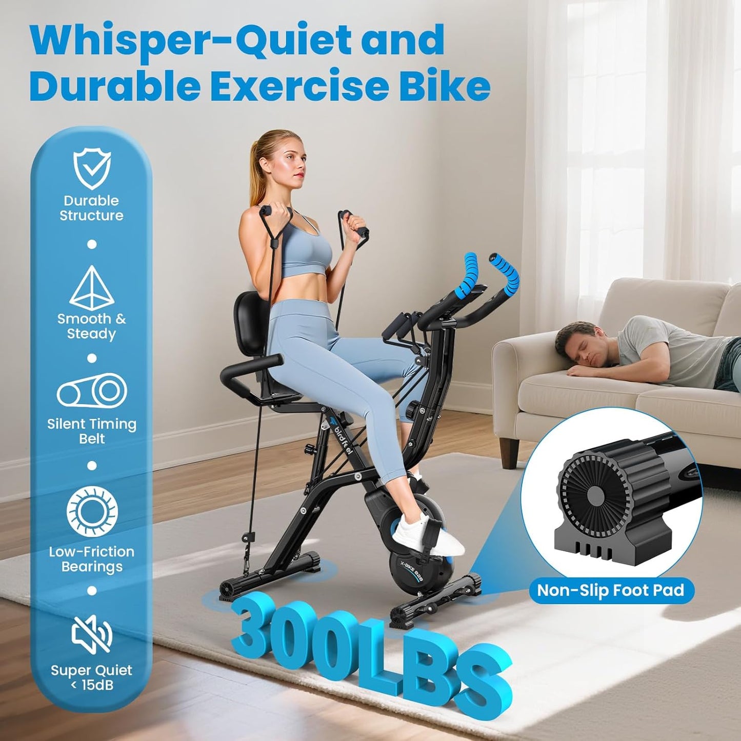Foldable Exercise Bike, Multifunctional Indoor Stationary Bikes for Home with 8-Level Magnetic Resistance, Quiet Workout Bike with Arm Resistance Bands, LCD Monitor, 300LBS Capacity