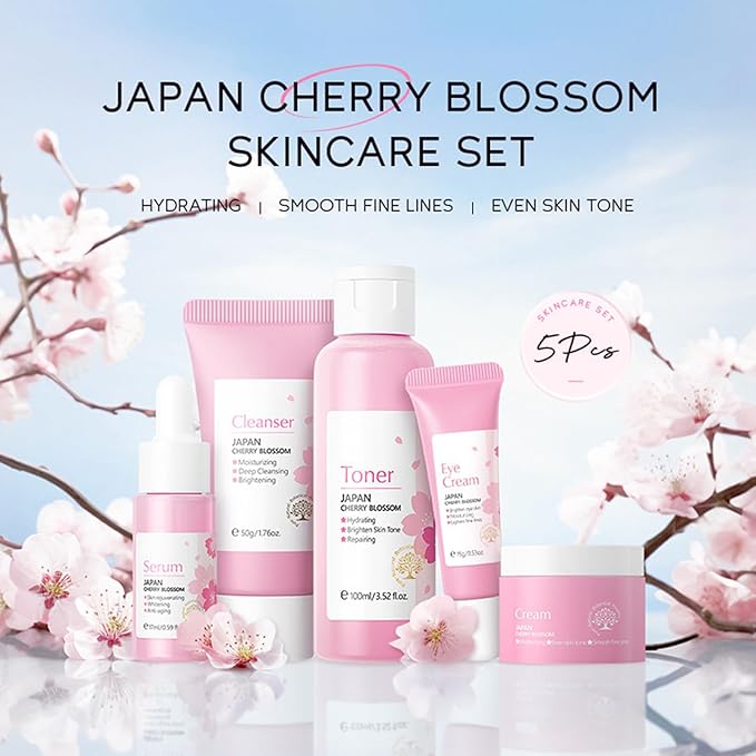 Korean Skin Care Set - Sakura Skin Care Sets & Kits - Women Gift Sets with Cleanser-Toner-Serum-Face Cream-Eye Cream - Skin Care Routine Kit for Women - Beauty Products Gift Box (SetB)
