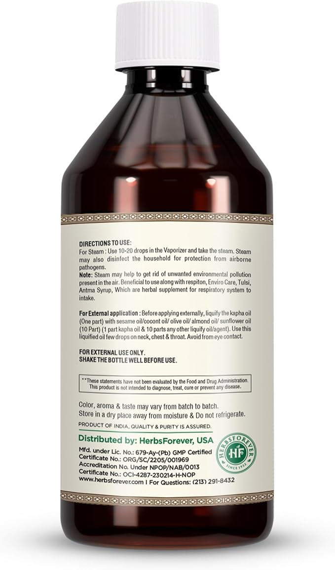 Kapha Oil Body Massage Oil Balance Kapha Dosha Improve The Respiration and Energies The Body Cold Pressed Premium Oil Non GMO, Vegan 4 fl oz 120 ml