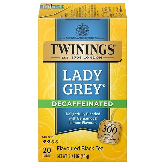 Twinings Decaffeinated Lady Grey Black Tea Individually Wrapped Bags, 20 Count (Pack of 1), Orange Peel & Lemon Peel, Enjoy Hot or Iced, 20 Teabags