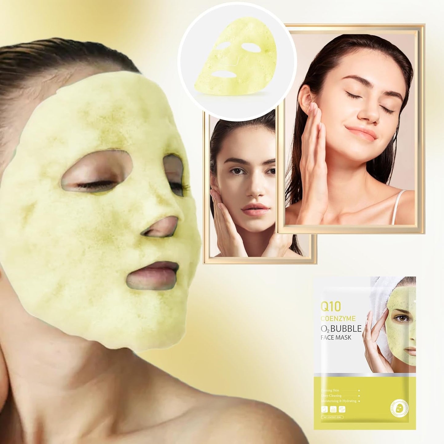 10 Sheets Coenzyme Q10 O2 Bubble Masks for Face, Bubble Face Mask Skincare for All Skin Types, Deep Cleansing Moisturizing Facial Mask Skin Care for Pores, Firming, Purifying, Sheet Masks for Spa