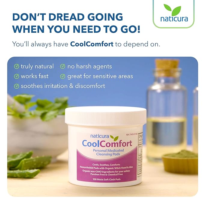 CoolComfort Personal Cleansing Pads with Organic Witch Hazel and Aloe Vera - All-Natural and Fast Acting Wipes for Hemorrhoid Burning, Itching, Pain and Swelling - 100 Pads - No Parabens