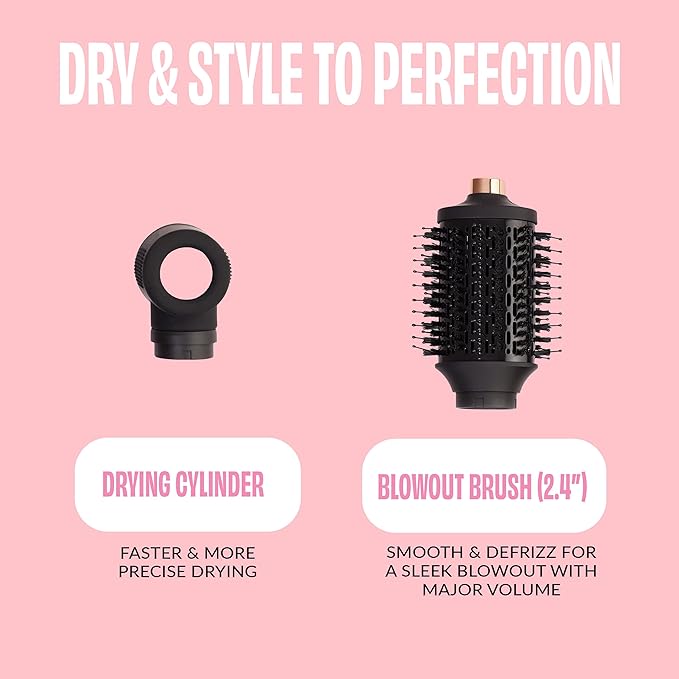 FoxyBae Interchangeable 5-in-1 Super Styler Pro Hair Styling Curling Iron Set - w/Drying Cylinder, Ceramic Blowout & Round Brushes, 2 Auto-Wrap Curlers - for Frizz-Free, Smooth Hair (Black-Rose Gold)