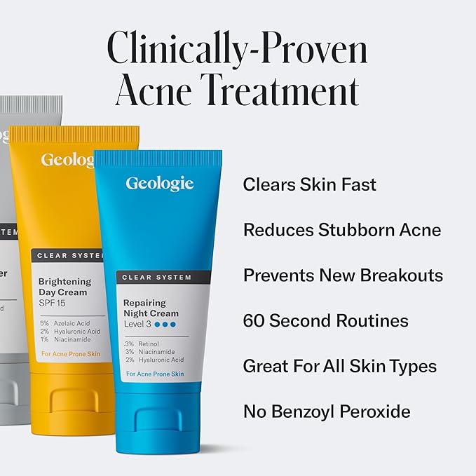 Geologie Clear System | 3-Step Acne Treatment & Skincare Set | Clears Skin Fast | Acne Gel Cleanser, SPF15 Day Cream & .2% Retinol Face Cream For Men & Women | Month 2 / Level 2