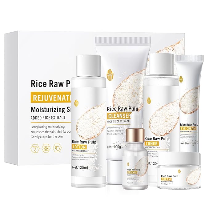 Rice Deep Nourishing Facial Care Set, 6Pcs Face Care Set for Women, Skin Care Set Includes Facial Cleanser, Toner, Lotion, Essence, Cream and Eye Cream.