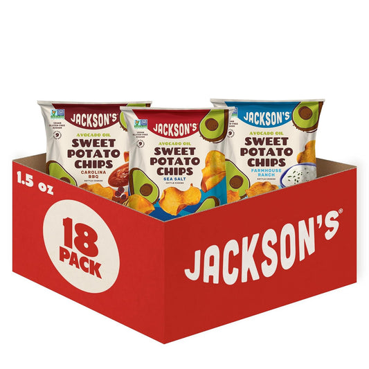 Jackson’s Sweet Potato Kettle Chips Avocado Oil Variety Pack made with Premium Oils (1.5 oz, Pack of 18) Sea Salt, Ranch, and BBQ Flavors - Allergen-friendly, Gluten Free, Vegan