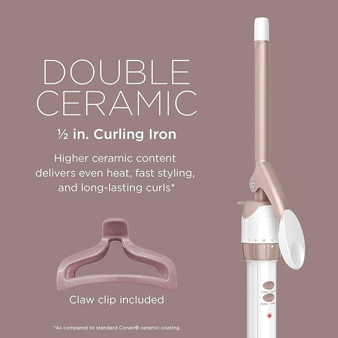 Conair Double Ceramic 1/2-Inch Curling Iron with Bonus Claw Clip, 0.5" Barrel Produces Spiral Curls – for use on Short to Medium Hair