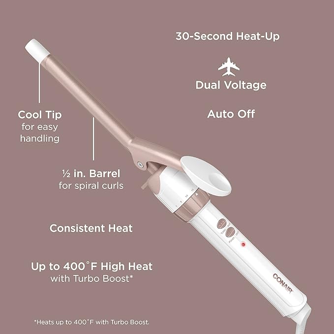 Conair Double Ceramic 1/2-Inch Curling Iron with Bonus Claw Clip, 0.5" Barrel Produces Spiral Curls – for use on Short to Medium Hair